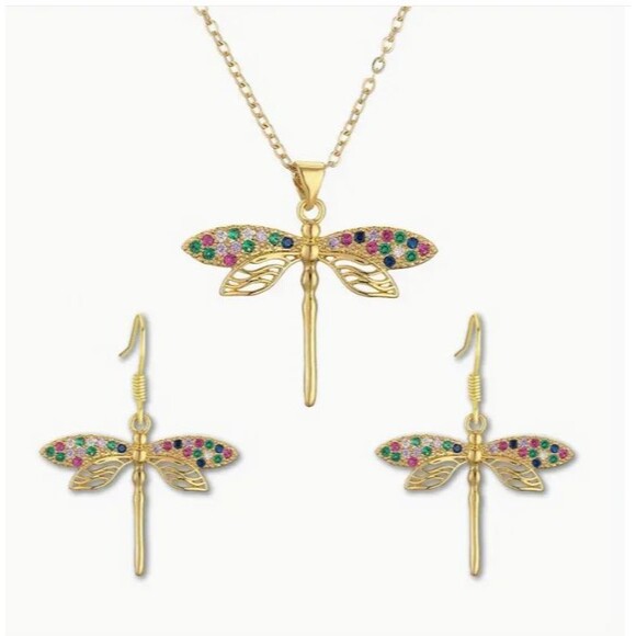 Gold Dragonfly Earrings & Necklace Rhinestones Jewelry Set - Picture 1 of 10